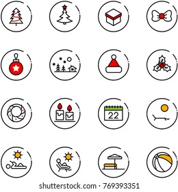line vector icon set - christmas tree vector, gift, bow, ball, landscape, hat, holly, wreath, candle, calendar, lounger, reading, beach, inflatable pool
