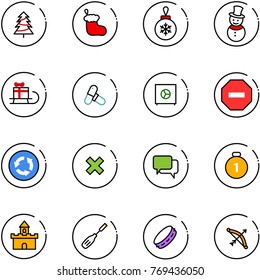 line vector icon set - christmas tree vector, sock, ball, snowman, sleigh gift, pills, safe, no way road sign, circle, delete cross, dialog, gold medal, sand fort, chisel, tambourine, bow
