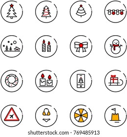 line vector icon set - christmas tree vector, garland, landscape, candle, bow, snowman, wreath, mobile, sleigh gift, airport road sign, swimsuit, parasol, sand castle