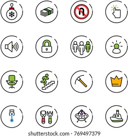 line vector icon set - christmas ball vector, dollar, no turn back road sign, hand touch, volume max, locked, group, idea, office chair, career, rock axe, crown, laser, shovel fork toy, ufo, boat