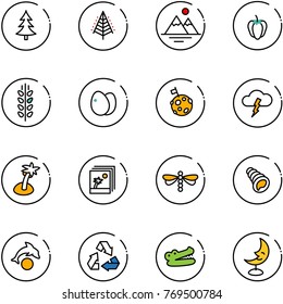 line vector icon set - christmas tree vector, mountains, sweet pepper, spica, eggs, moon flag, storm, palm, photo, dragonfly, shell, dolphin, recycling, crocodile, lamp