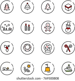 line vector icon set - christmas tree vector, gift, landscape, candle, cake man, snowman, holly, wreath, snowball, santa stick, swimming, beach, sand castle, toy boat