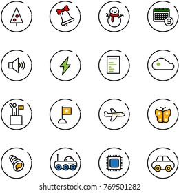 line vector icon set - christmas tree vector, bell, snowman, calendar, volume medium, lightning, document, cloud, win, flag, plane, butterfly, shell, moon rover, cpu, car
