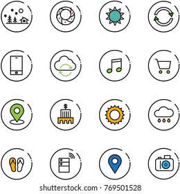 line vector icon set - christmas landscape vector, wreath, sun, exchange, phone, refresh cloud, music, cart, map pin, bank building, rain, flip flops, server wireless, navigation, camera
