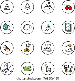 line vector icon set - christmas tree vector, mountains, rowanberry, blood test, lemon, banana, breads, watermelone, palm, waves, wind mill, crocodile, toy giraffe, cat
