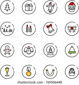 line vector icon set - christmas tree vector, gift, santa claus, landscape, candle, bell, bow, cake man, angel, snowball, pennant, star medal, luck, russian doll