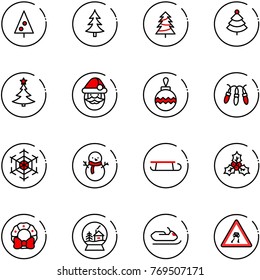 line vector icon set - christmas tree vector, santa claus, ball, garland, snowflake, snowman, sleigh, holly, wreath, snowball house, snowmobile, slippery road sign