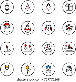 line vector icon set - christmas tree vector, gift, santa claus, ball, garland, snowflake, candle, snowball, sleigh, king, tulip, chevron, russian doll