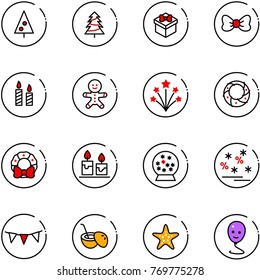 line vector icon set - christmas tree vector, gift, bow, candle, cake man, firework, wreath, snowball, sale, flag garland, coconut cocktail, starfish, balloon smile