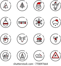 line vector icon set - christmas tree vector, santa claus, ball, garland, snowflake, snowfall, snowman, deer, house, holly, snowball, snowmobile, slippery road sign