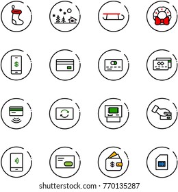 line vector icon set - christmas sock vector, landscape, sleigh, wreath, mobile payment, credit card, tap pay, exchange, atm, envelope, finance management, sim