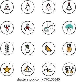 line vector icon set - christmas tree vector, holly, tonometer, broccoli, spica, flower pot, watermelone, pineapple, starfish, tent, lawn mower, toy cat