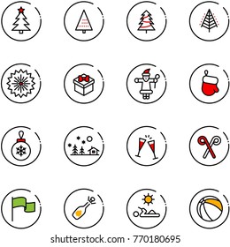 line vector icon set - christmas tree vector, firework, gift, santa claus, glove, ball, landscape, wine glasses, stick, flag, fizz opening, reading