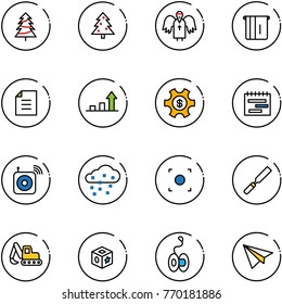 line vector icon set - christmas tree vector, angel, atm, document, growth arrow, money managemet, terms plan, wireless speaker, snow, record button, rasp, excavator toy, cube, yoyo, paper plane