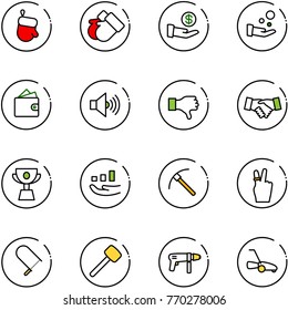 line vector icon set - christmas glove vector, gloves, investment, cash pay, wallet, volume max, dislike, agreement, cup, growth, rock axe, victory, fretsaw, rubber hammer, drill machine, lawn mower