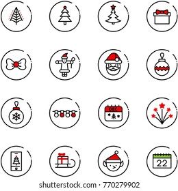 line vector icon set - christmas tree vector, gift, bow, santa claus, ball, garland, calendar, firework, mobile, sleigh, elf