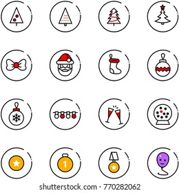 line vector icon set - christmas tree vector, bow, santa claus, sock, ball, garland, wine glasses, snowball, star medal, gold, balloon smile