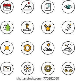 line vector icon set - christmas calendar vector, mountains, patient card, eye, arrow up, winner, stars, flying man, sun, reading, photo, flower, nut, car