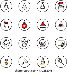 line vector icon set - christmas tree vector, santa claus, sock, ball, hat, holly, wreath, angel, snowball house, certificate, star medal, paint roller, brush, horse stick toy