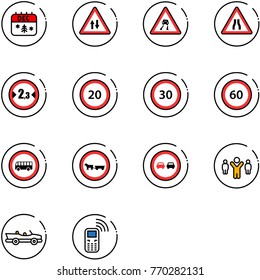 line vector icon set - christmas calendar vector, oncoming traffic road sign, slippery, narrows, limited width, speed limit 20, 30, 60, no bus, cart horse, overtake, team leader, cabrio