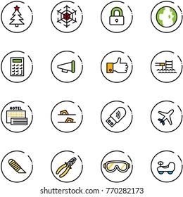 line vector icon set - christmas tree vector, snowflake, locked, globe, calculator, speaker horn, finger up, pool, sea hotel, flip flops, usb wi fi, plane, work knife, pliers, protective glasses