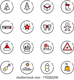 line vector icon set - christmas tree vector, gift, sock, garland, star, bow, cake man, hat, snowball house, sleigh, airport road sign, fizz opening, reading, swimsuit, sand castle