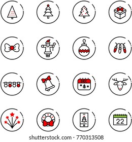 line vector icon set - christmas tree vector, gift, bow, santa claus, ball, garland, bell, calendar, deer, firework, wreath, mobile