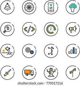 line vector icon set - christmas tree vector, firework, mobile heart monitor, broccoli, money search, tag code, clock around, megaphone, palm, gear, bezier, chart, clinch, truck toy, robot, windmill