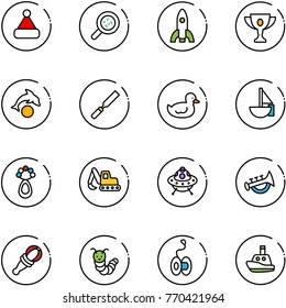 line vector icon set - christmas hat vector, bacteria, rocket, gold cup, dolphin, rasp, duck toy, sailboat, beanbag, excavator, ufo, horn, bug, yoyo, boat
