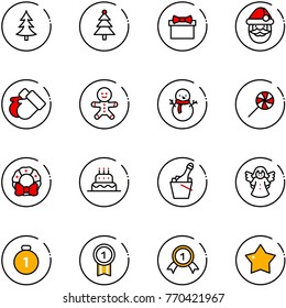 line vector icon set - christmas tree vector, gift, santa claus, gloves, cake man, snowman, lollipop, wreath, champagne, angel, gold medal, star