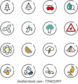 line vector icon set - christmas tree vector, rowanberry, blood test, three leafs, banana, broccoli, wild animals road sign, gear globe, watermelone, storm, tent, dolphin, recycling, lawn mower