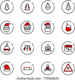 line vector icon set - christmas tree vector, santa claus, glove, ball, garland, fireplace, calendar, hat, sleigh, holly, slippery road sign