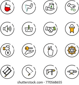line vector icon set - christmas glove vector, power hand, investment, volume max, basket, agreement, success, rich, key, victory, wheel, bucksaw, fretsaw, drill machine, pipe welding