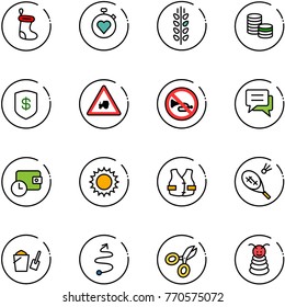 line vector icon set - christmas sock vector, stopwatch heart, spica, coin, safe, tractor way road sign, no horn, chat, wallet time, sun, life vest, badminton, bucket scoop, trip, scissors