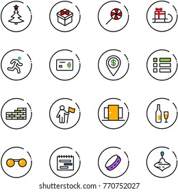 line vector icon set - christmas tree vector, gift, lollipop, sleigh, run, tap pay, dollar pin, menu, brick wall, win, doors, wine, sunglasses, terms plan, tambourine, wirligig toy