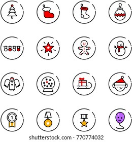 line vector icon set - christmas tree vector, sock, ball, garland, star, cake man, snowman, angel, snowball, sleigh gift, elf, gold medal, balloon smile