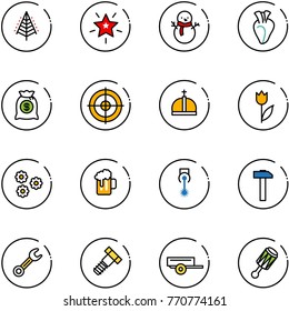 line vector icon set - christmas tree vector, star, snowman, heart, money bag, target, crown, tulip, flower, beer, laser, hammer, wrench, bolt, trailer, beanbag