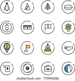 line vector icon set - christmas tree vector, pill, dollar coin, cash, flag, signpost, air balloon, bank building, swimsuit, power, cd, case, basketball