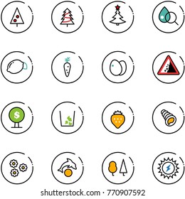 line vector icon set - christmas tree vector, blood test, lemon, carrot, eggs, landslide road sign, money, garbage, strawberry, shell, flower, dolphin, forest, sun power