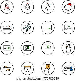 line vector icon set - christmas tree vector, snowfall, snowmobile, pills blister, credit card, tap pay, dollar flag, victory, flip flops, swimsuit, kite, information exchange
