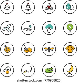 line vector icon set - christmas tree vector, holly, blood test, three leafs, drop hand, broccoli, money, moon flag, coconut cocktail, dragonfly, shell, dolphin, sickle, crocodile, lamp