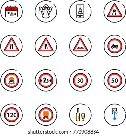 line vector icon set - christmas calendar vector, angel, mobile, slippery road sign, narrows, rough, no moto, dangerous cargo, limited width, speed limit 30, 50, 120, wine, laser