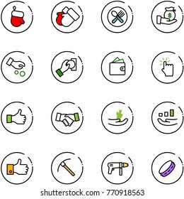 line vector icon set - christmas glove vector, gloves, fork spoon plate, investment, cash pay, wallet, hand touch, like, agreement, sproute, growth, finger up, rock axe, drill machine, tambourine