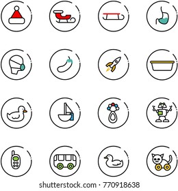 line vector icon set - christmas hat vector, sleigh, stomach, medical mask, eggplant, rocket, basin, duck toy, sailboat, beanbag, robot, phone, bus, cat