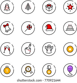 line vector icon set - christmas tree vector, gift, star, bell, lollipop, hat, cake, wine glasses, champagne, angel, medal, gold, balloon smile
