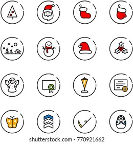 line vector icon set - christmas tree vector, santa claus, sock, glove, landscape, snowman, hat, holly, angel, certificate, pennant, butterfly, chevron, scythe, russian doll