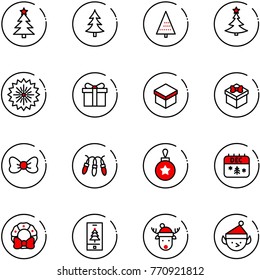 line vector icon set - christmas tree vector, firework, gift, bow, garland, ball, calendar, wreath, mobile, deer hat, elf