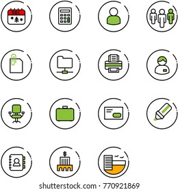 line vector icon set - christmas calendar vector, calculator, user, group, attachment, network folder, printer, manager, office chair, case, envelope, highlight marker, contact book, bank building