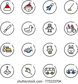 line vector icon set - christmas hat vector, elf, rocket, hoe, rasp, duck toy, robot, shovel bucket, excavator, horn, bear, rabbit, wirligig, unicorn stick, bus, car