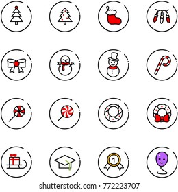line vector icon set - christmas tree vector, sock, garland, bow, snowman, lollipop, wreath, sleigh gift, graduate hat, gold medal, balloon smile